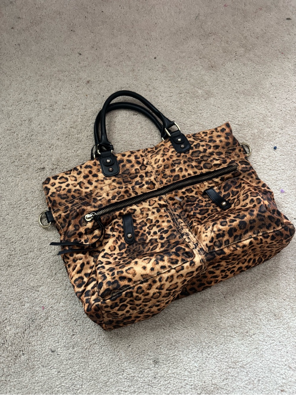 Leopard Print Faux Fur Satchel Bag with Black Handles